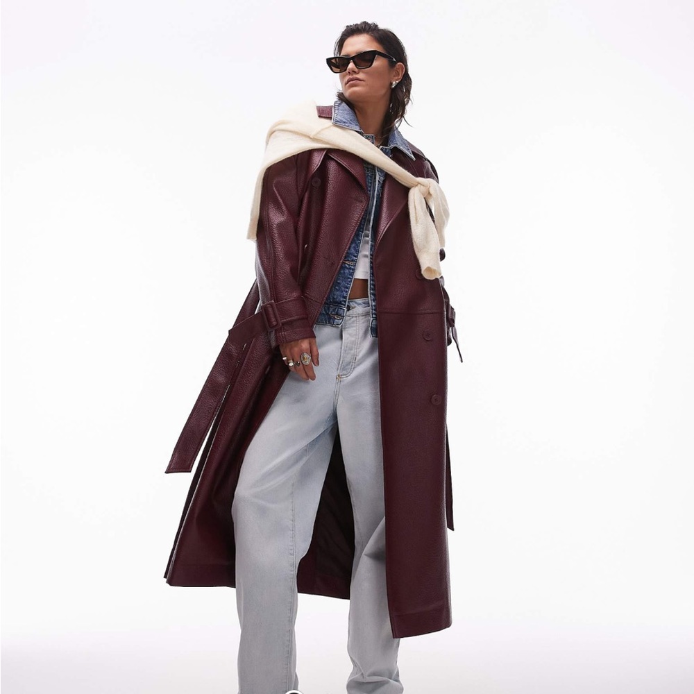 Topshop textured faux leather trench coat in burgundy NWOT Size 8-10